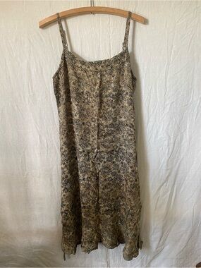Vintage Sambar Batik Floral Print Spaghetti Strap Midi Dress in Olive-Beige
